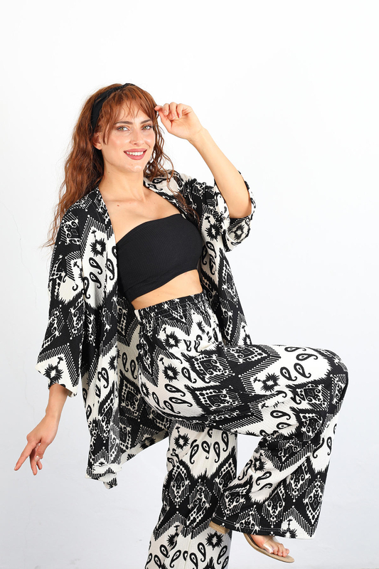 Etnik Desen Kimono Siyah Kadın Takım - 3