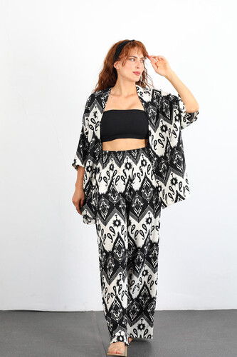 Etnik Desen Kimono Siyah Kadın Takım 