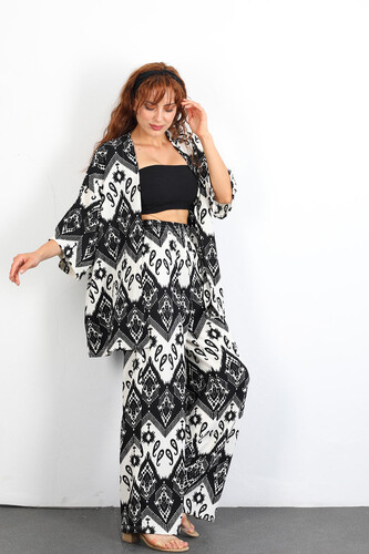 Etnik Desen Kimono Siyah Kadın Takım - 4