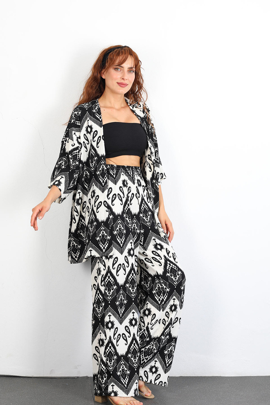 Etnik Desen Kimono Siyah Kadın Takım - 2