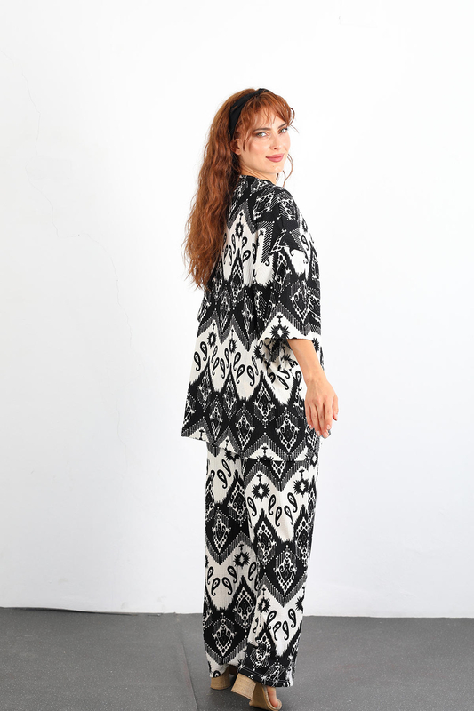 Etnik Desen Kimono Siyah Kadın Takım - 5