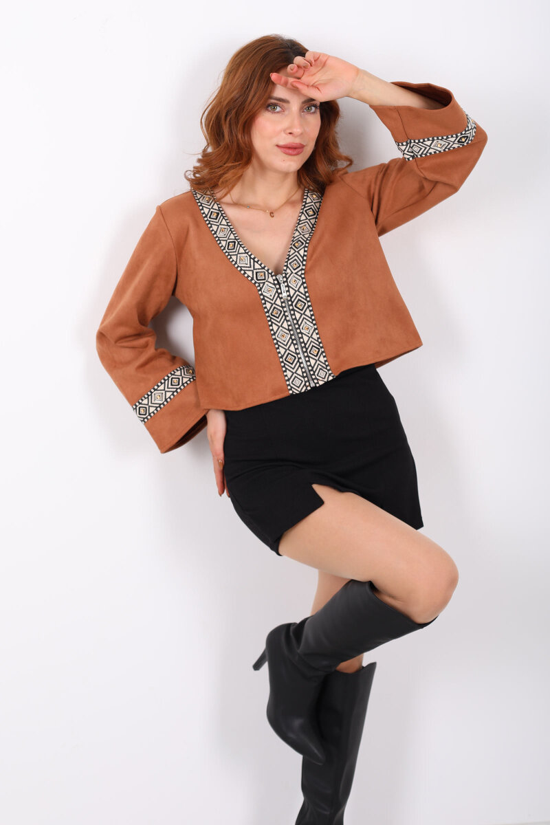 Etnik Desen Şeritli Kısa Camel Kadın Süet Ceket - 4