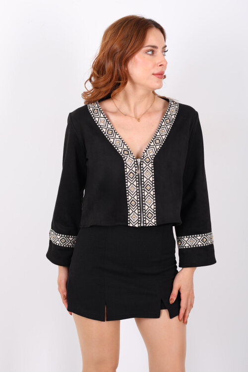 Etnik Desen Şeritli Kısa Siyah Kadın Süet Ceket - 6