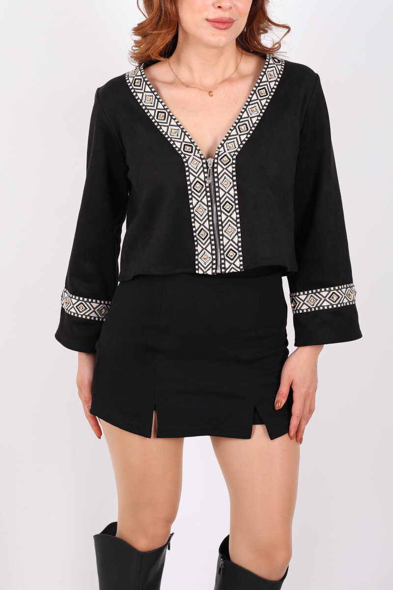 Etnik Desen Şeritli Kısa Siyah Kadın Süet Ceket - 2