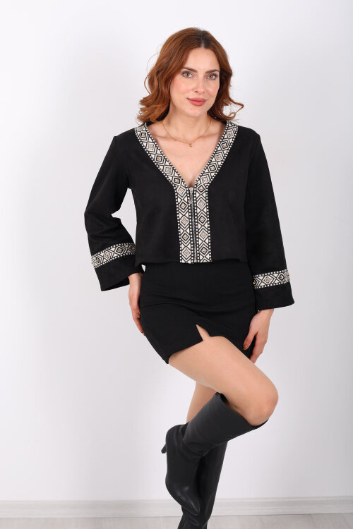 Etnik Desen Şeritli Kısa Siyah Kadın Süet Ceket 