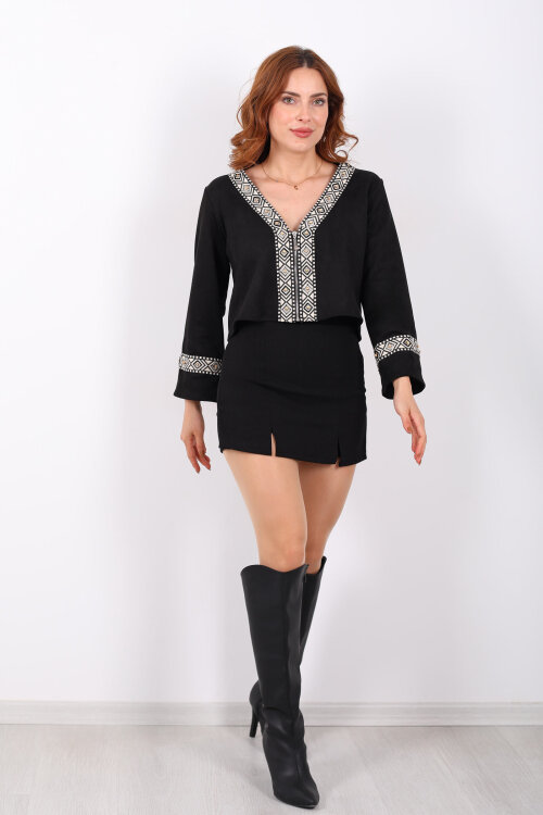 Etnik Desen Şeritli Kısa Siyah Kadın Süet Ceket - 7