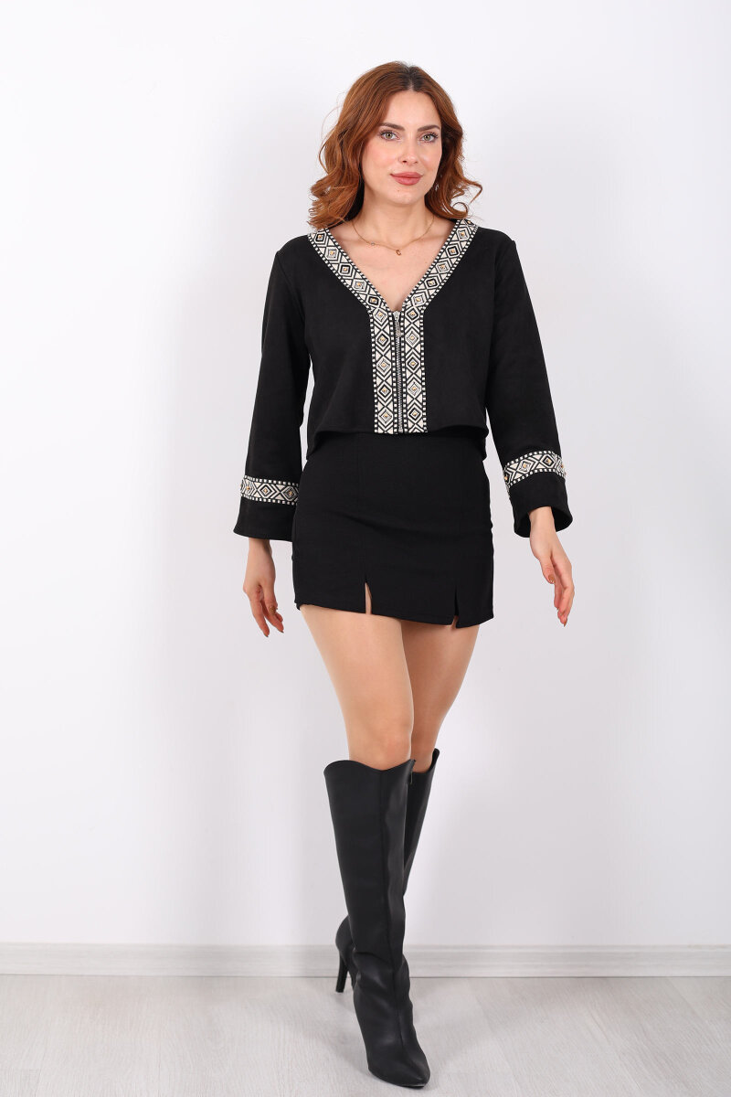 Etnik Desen Şeritli Kısa Siyah Kadın Süet Ceket - 7