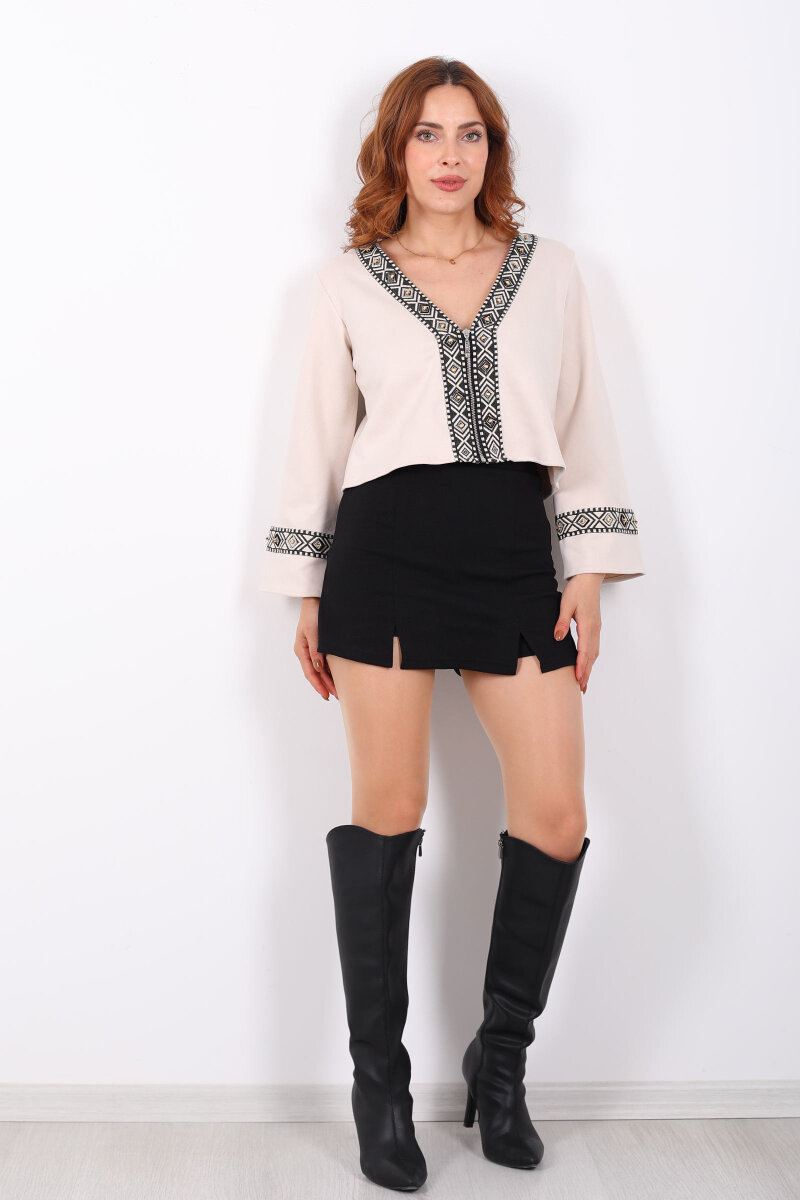 Etnik Desen Şeritli Kısa Taş Rengi Kadın Süet Ceket - 7