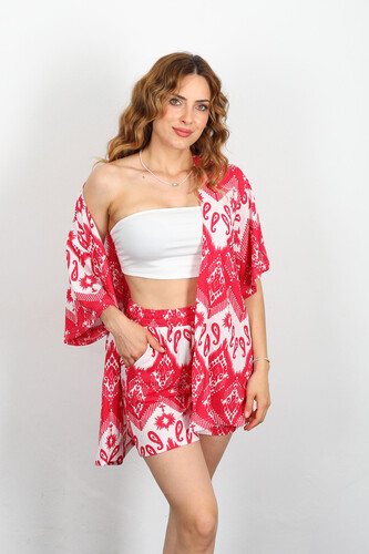 Etnik Desen Şortlu Krep Fuşya Kadın Kimono Takım 