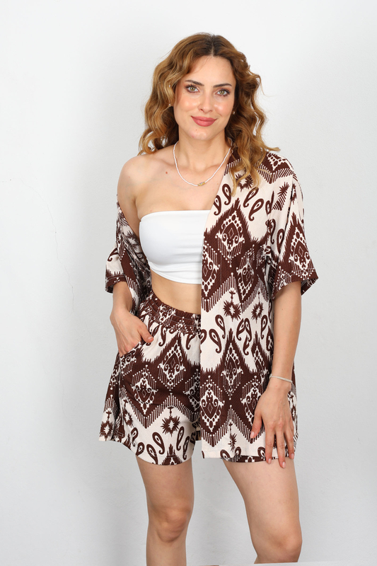 Etnik Desen Şortlu Krep Kahverengi Kadın Kimono Takım - 3