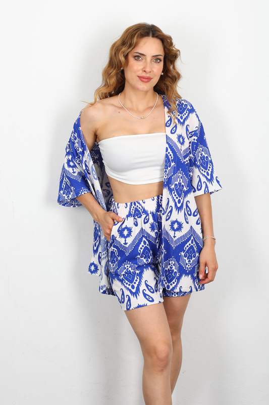 Etnik Desen Şortlu Krep Saks Mavisi Kadın Kimono Takım - 1
