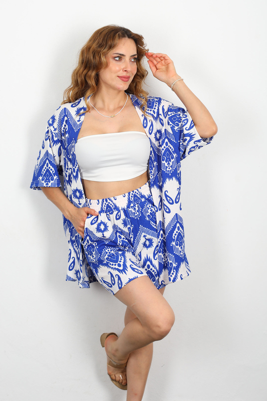 Etnik Desen Şortlu Krep Saks Mavisi Kadın Kimono Takım - 3