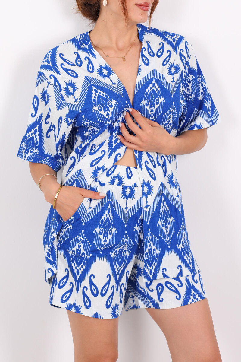 Etnik Desen Şortlu Krep Saks Mavisi Kadın Kimono Takım - 2