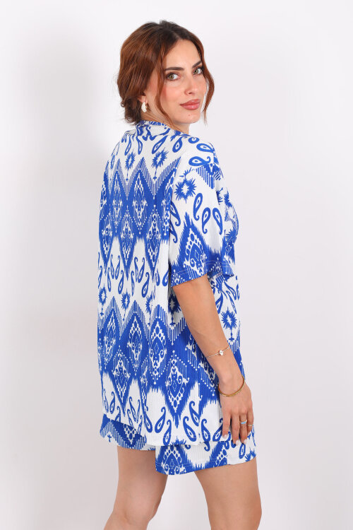 Etnik Desen Şortlu Krep Saks Mavisi Kadın Kimono Takım - 4