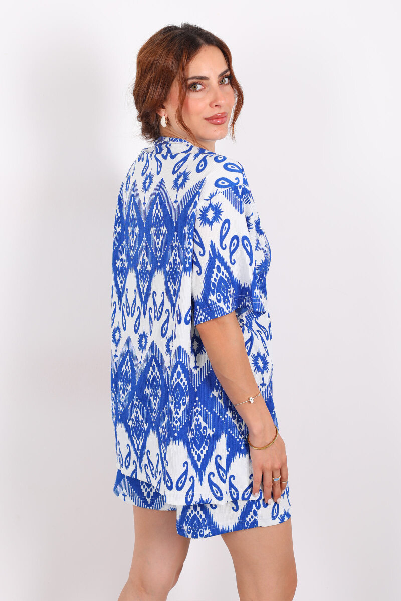 Etnik Desen Şortlu Krep Saks Mavisi Kadın Kimono Takım - 4