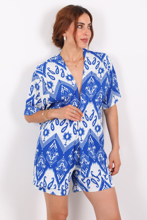 Etnik Desen Şortlu Krep Saks Mavisi Kadın Kimono Takım - 5