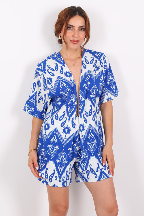 Etnik Desen Şortlu Krep Saks Mavisi Kadın Kimono Takım - 3