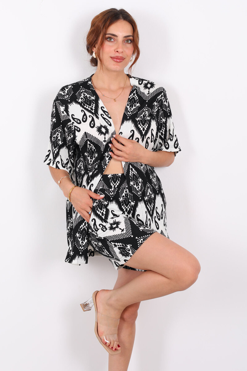 Etnik Desen Şortlu Krep Siyah Kadın Kimono Takım - 3