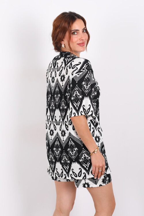 Etnik Desen Şortlu Krep Siyah Kadın Kimono Takım - 5