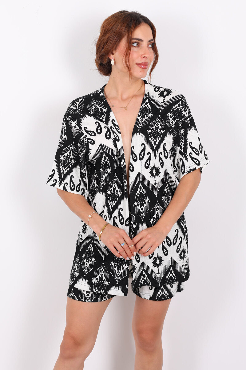 Etnik Desen Şortlu Krep Siyah Kadın Kimono Takım - 4