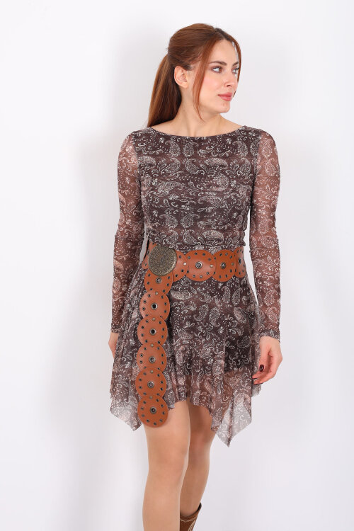 Etnik Desenli Asimetrik Kesim Tül Kahverengi Kadın Elbise - 7