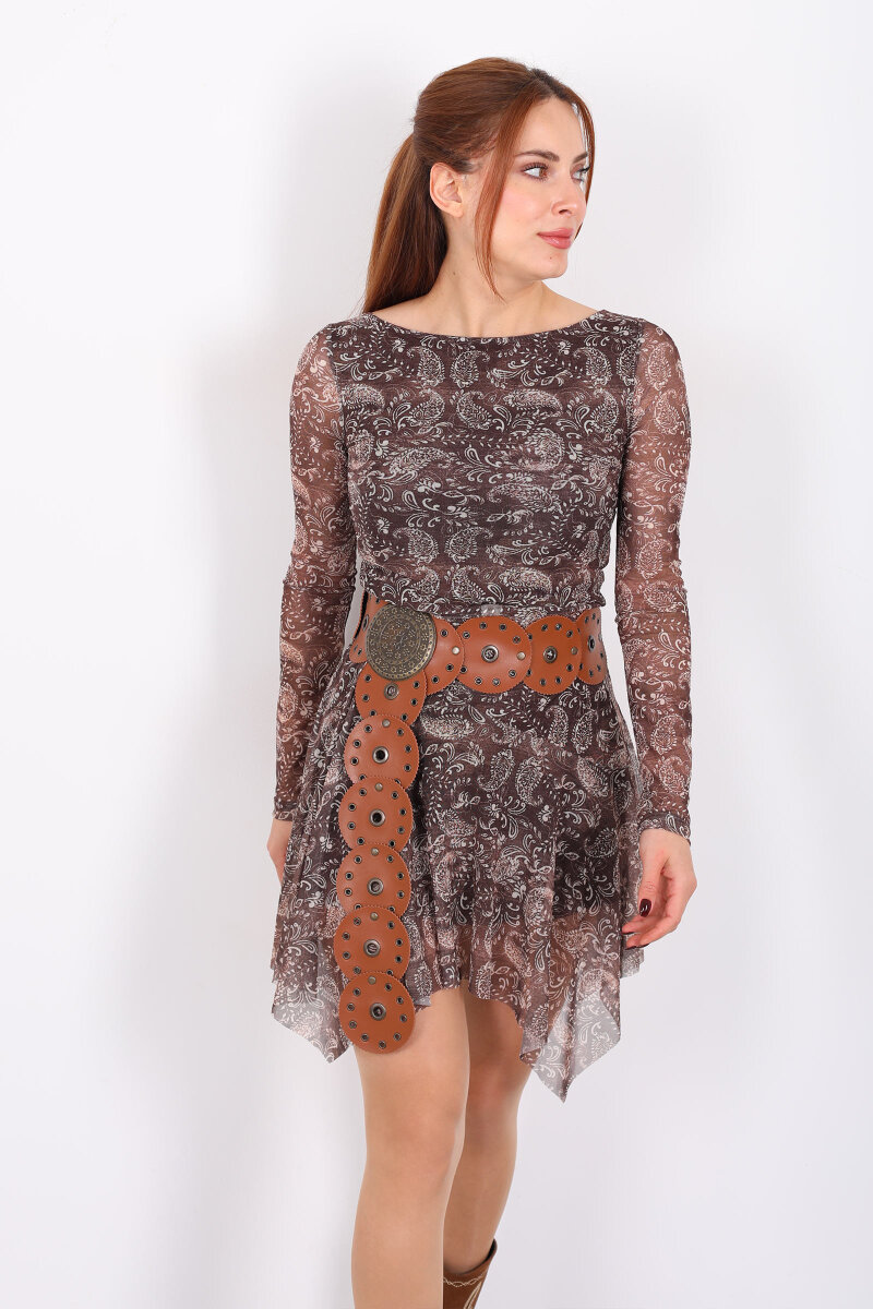 Etnik Desenli Asimetrik Kesim Tül Kahverengi Kadın Elbise - 7