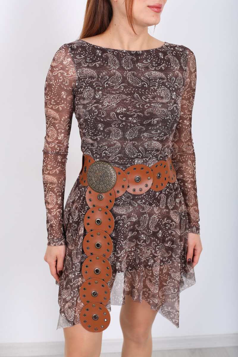 Etnik Desenli Asimetrik Kesim Tül Kahverengi Kadın Elbise - 2