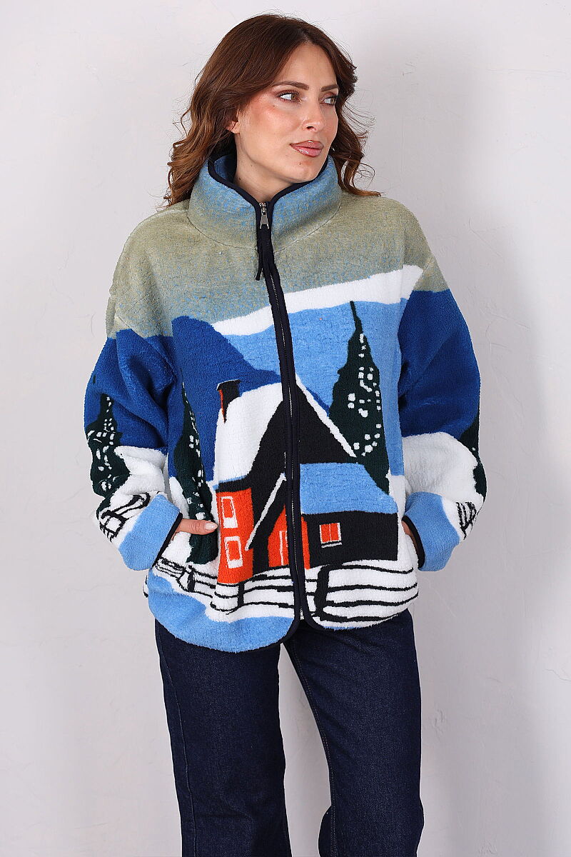 Ev Desenli Oversize Mavi Kadın Peluş Ceket - 4