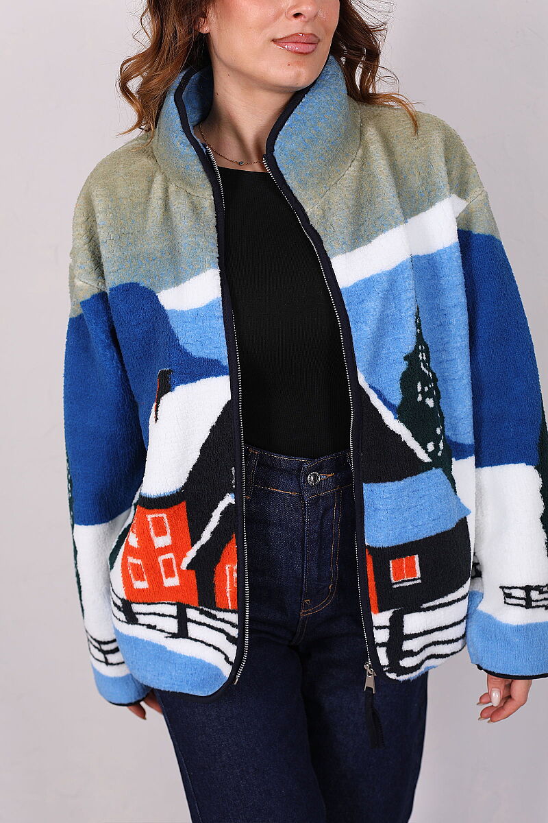 Ev Desenli Oversize Mavi Kadın Peluş Ceket - 2