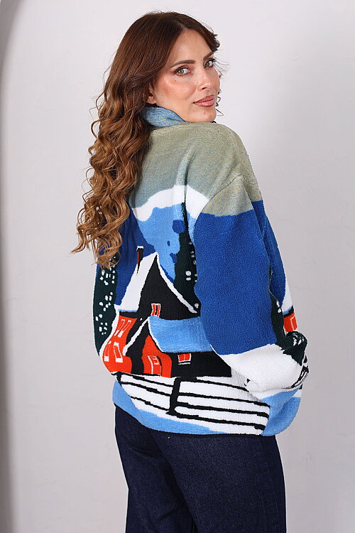 Ev Desenli Oversize Mavi Kadın Peluş Ceket - 5