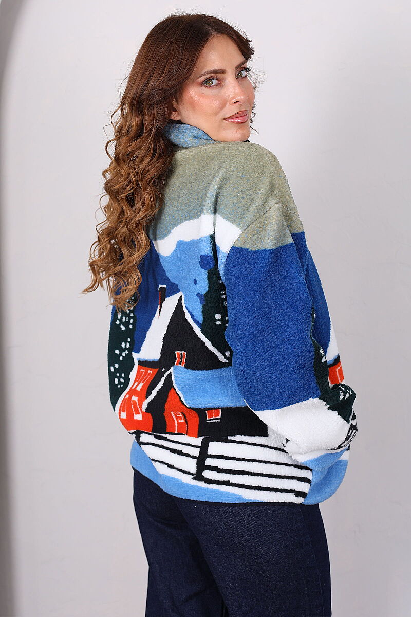 Ev Desenli Oversize Mavi Kadın Peluş Ceket - 5