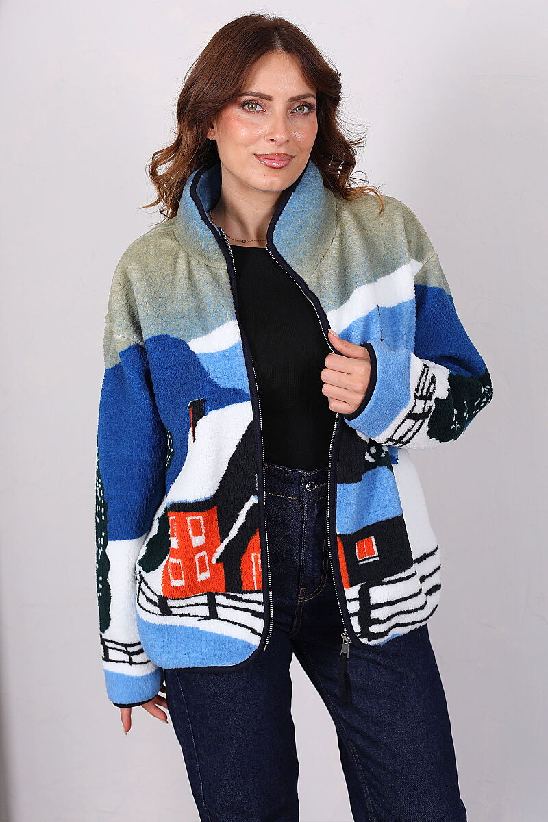 Ev Desenli Oversize Mavi Kadın Peluş Ceket - 6