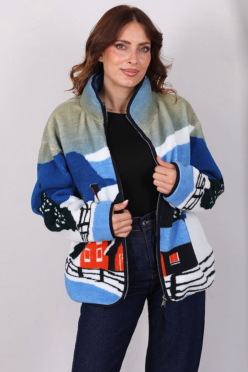 Ev Desenli Oversize Mavi Kadın Peluş Ceket - 1