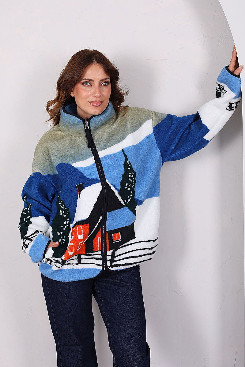 Ev Desenli Oversize Mavi Kadın Peluş Ceket - 3