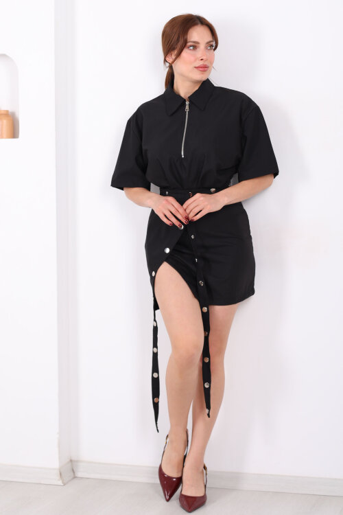 Fermuar Yaka Çıtçıt Kemerli Kadın Siyah Asimetrik Elbise - 5