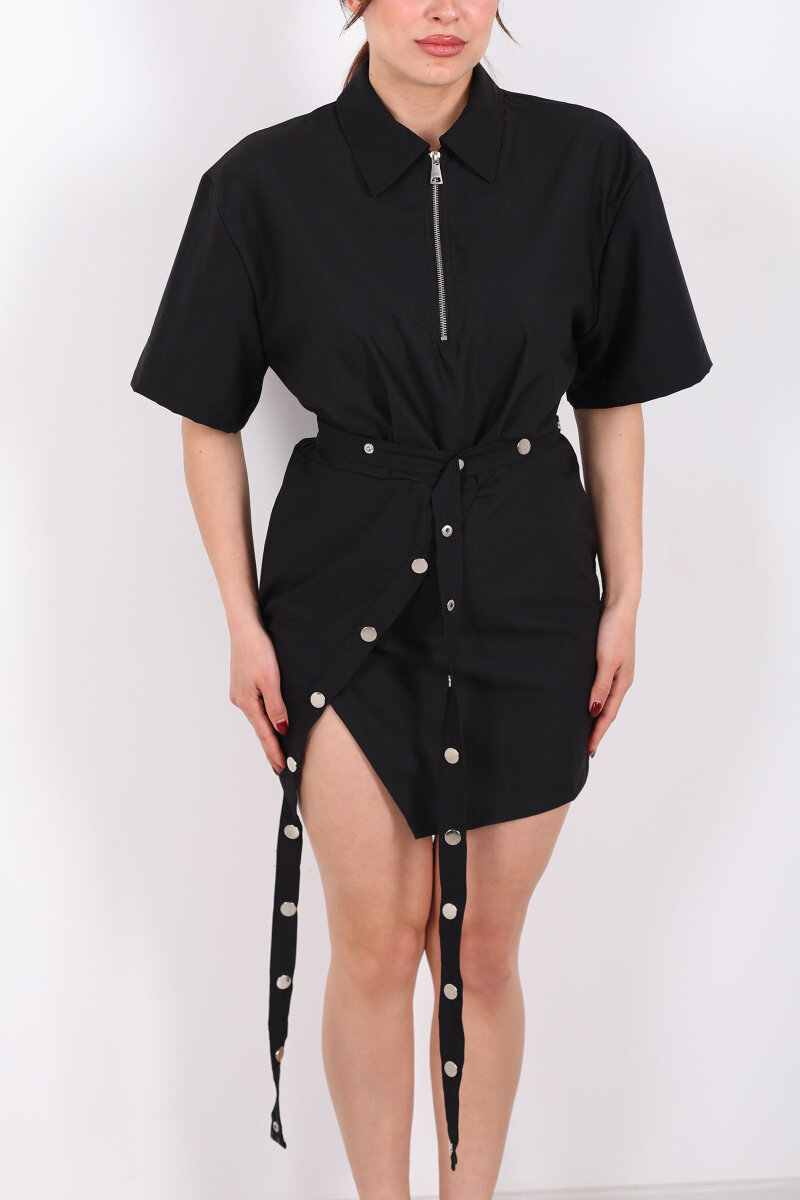 Fermuar Yaka Çıtçıt Kemerli Kadın Siyah Asimetrik Elbise - 2