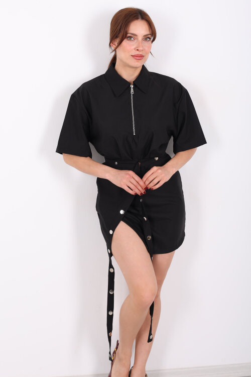 Fermuar Yaka Çıtçıt Kemerli Kadın Siyah Asimetrik Elbise - 7