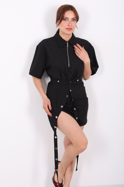 Fermuar Yaka Çıtçıt Kemerli Kadın Siyah Asimetrik Elbise - Berox