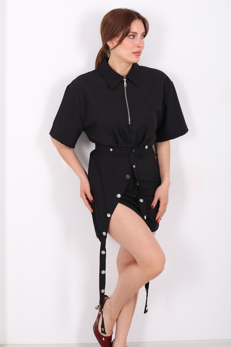 Fermuar Yaka Çıtçıt Kemerli Kadın Siyah Asimetrik Elbise - 4