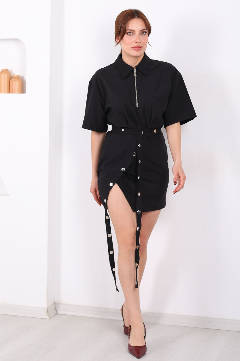 Fermuar Yaka Çıtçıt Kemerli Kadın Siyah Asimetrik Elbise - 3