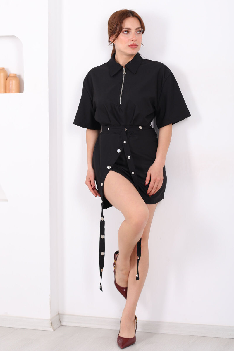 Fermuar Yaka Çıtçıt Kemerli Kadın Siyah Asimetrik Elbise - 8