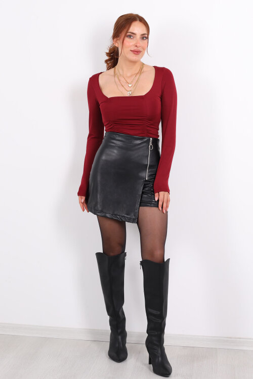 Fermuarlı Asimetrik Kesim Siyah Kadın Deri Şort Etek - 4