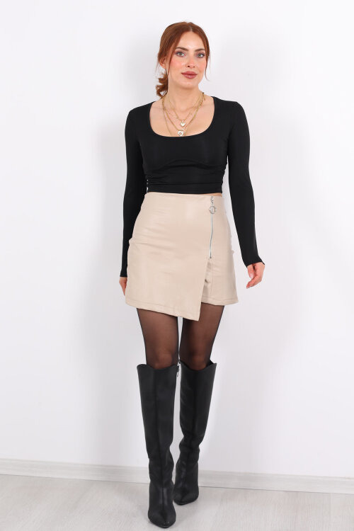 Fermuarlı Asimetrik Kesim Taş Rengi Kadın Deri Şort Etek - 3