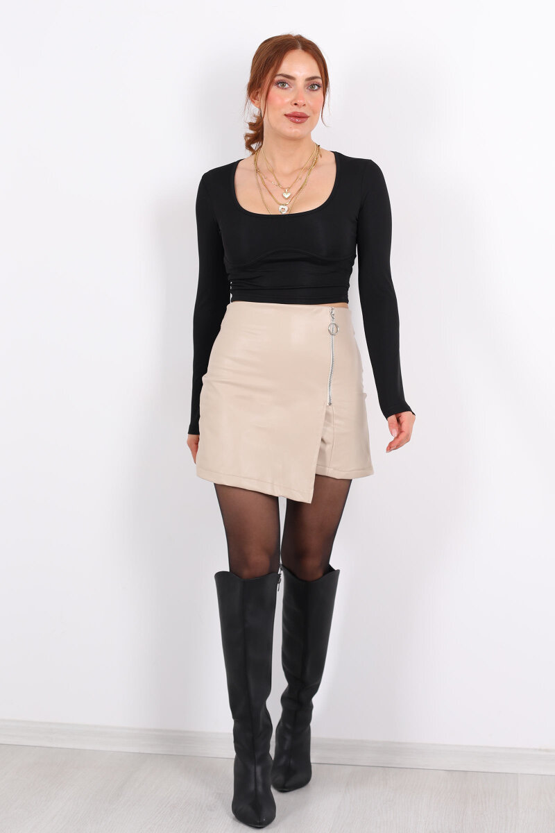 Fermuarlı Asimetrik Kesim Taş Rengi Kadın Deri Şort Etek - 3