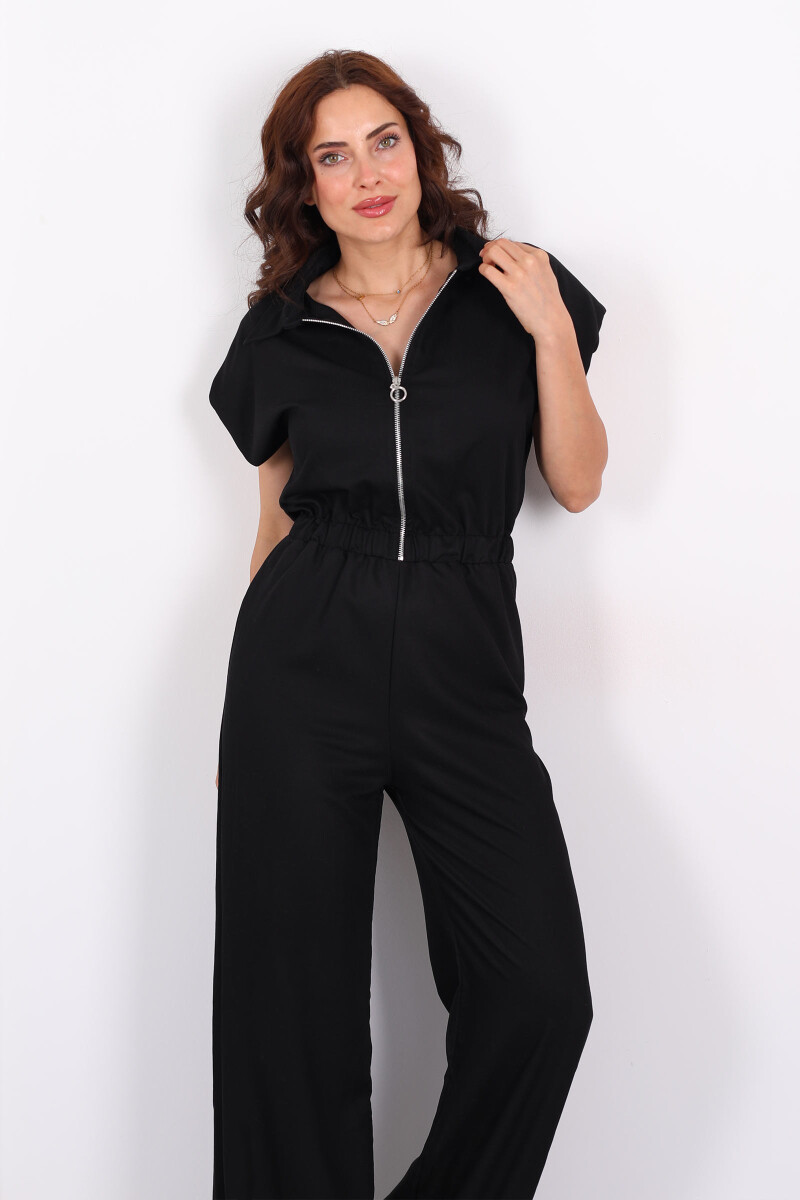 Fermuarlı Beli Lastikli Polo Yaka Siyah Kadın Tulum - 4
