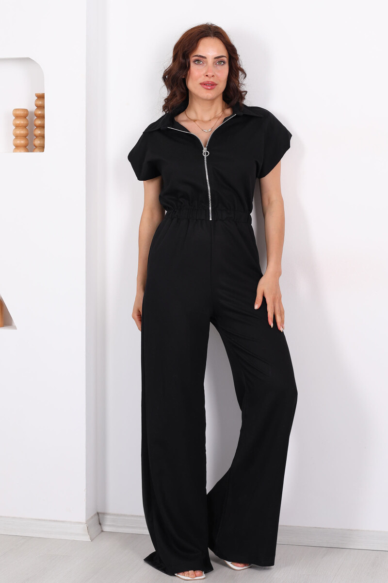 Fermuarlı Beli Lastikli Polo Yaka Siyah Kadın Tulum - 3