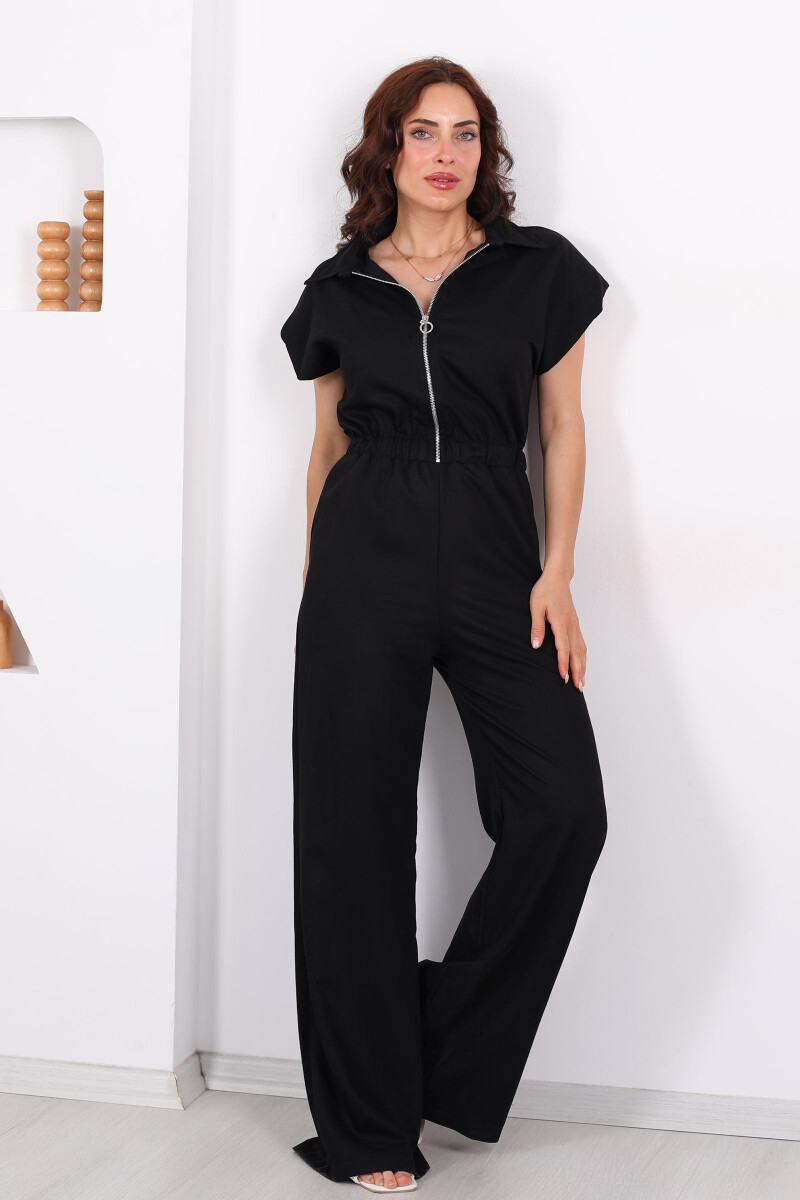 Fermuarlı Beli Lastikli Polo Yaka Siyah Kadın Tulum - 7