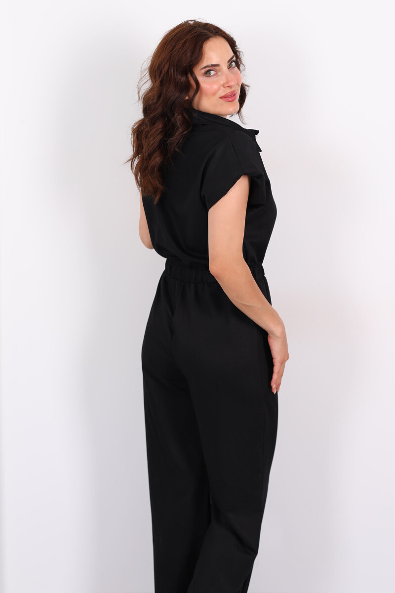 Fermuarlı Beli Lastikli Polo Yaka Siyah Kadın Tulum - 6