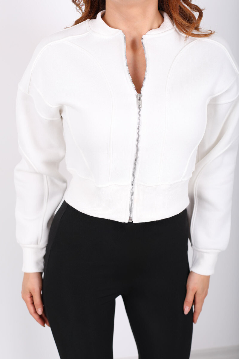 Fermuarlı Beyaz Kadın Parçalı Sweat - 2