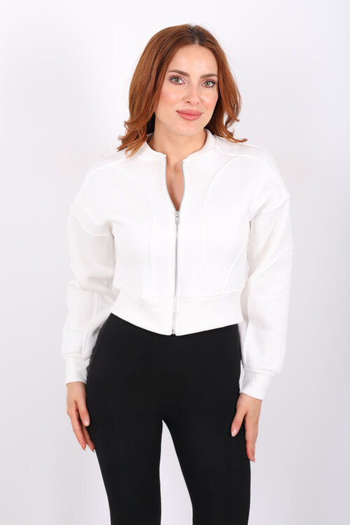 Fermuarlı Beyaz Kadın Parçalı Sweat - Berox